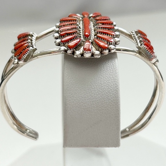 Vintage Milburn Dishta Red Coral Needlepoint Cluster Sterling Silver Cuff - Picture 6 of 11